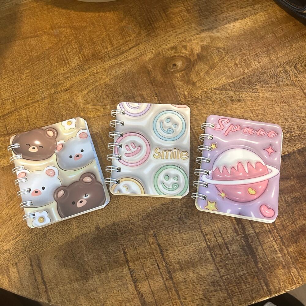3 Kawaii 3D Padded Cartoon A7 Mini Spiral Notebooks Pastel Pink Brown